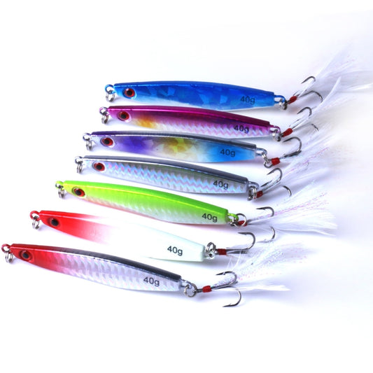 Metal fishing lure set with blue patterned baits and silver treble hooks