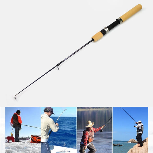 Portable ice fishing rod with yellow cork handle, black shaft, and metal tip guides