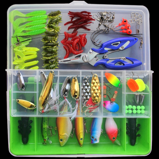 Fishing bait lure kit in clear-lid organizer box with mixed plastic lures and hooks