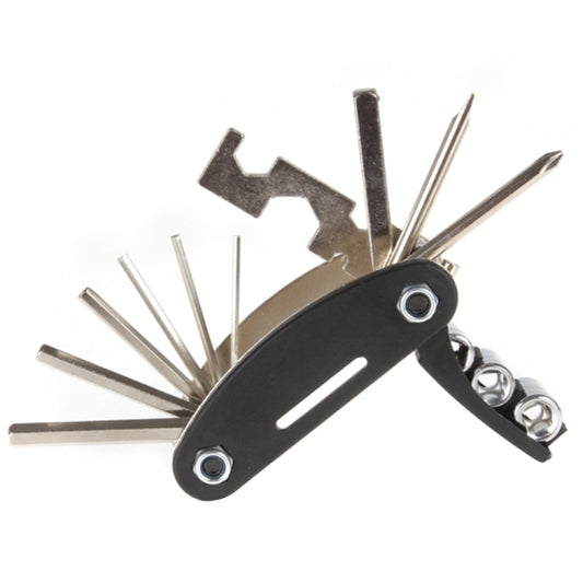 Folding bicycle multi-tool with fold-out hex keys, bits, and a wrench attachment