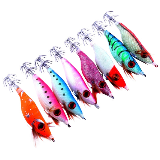 Noctilucent plastic squid lures set, diagonal view of 8 colorful hard baits with skirts