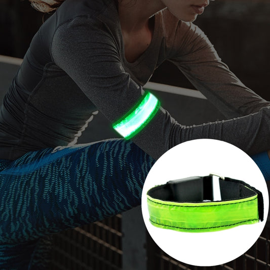 Rechargeable LED safety wrist belt with glowing green light and reflective strap