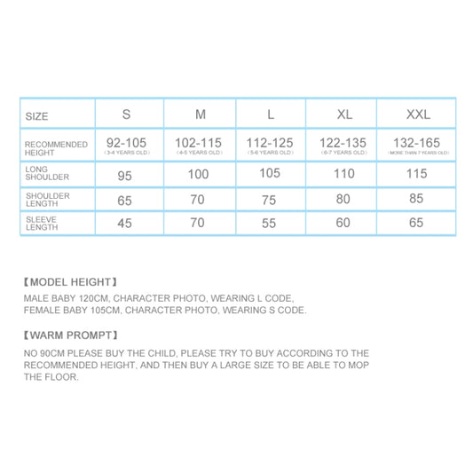 Kids rain cloak size chart with recommended height and measurement table