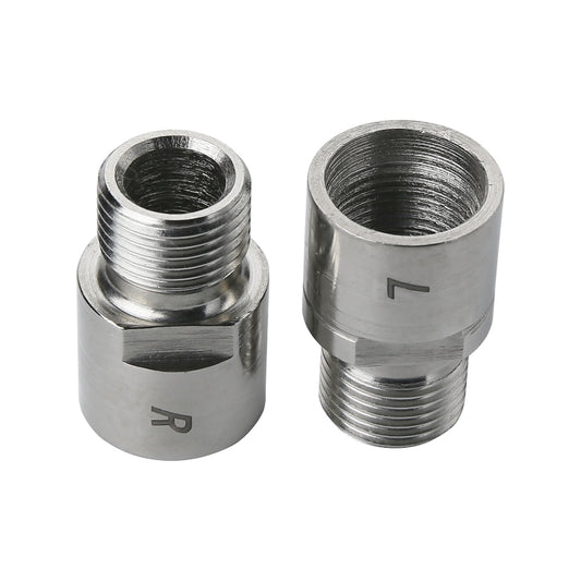 Pair of steel pedal spacer extenders with engraved R and L and threaded openings