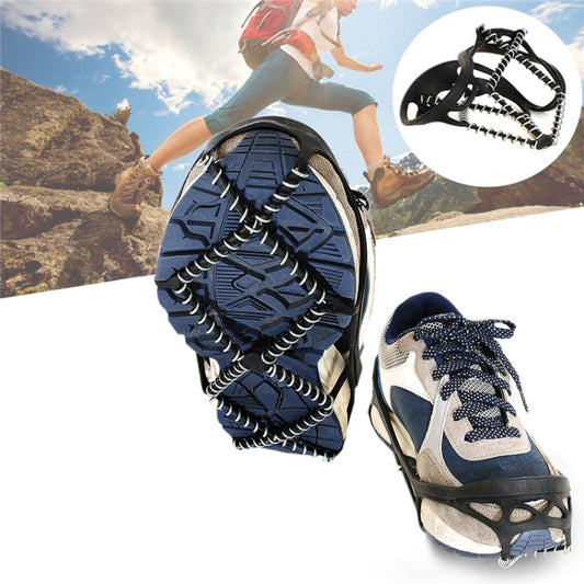 Navy and beige winter climbing shoe with metal snow claw traction studs