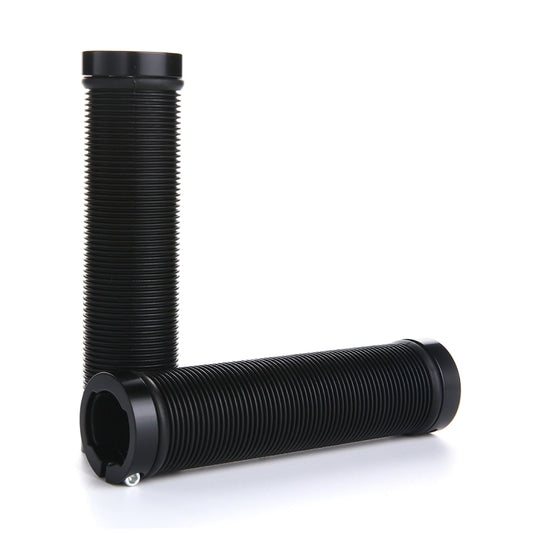Pair of black ribbed rubber lock-on bicycle handlebar grips with end caps