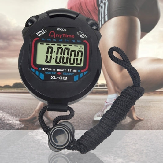 Black digital handheld stopwatch with LCD timer, wrist lanyard, and front controls.