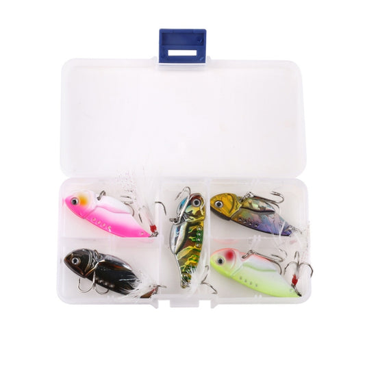 Clear plastic tackle box holding 5 metal fishing lures with feather tails and hooks