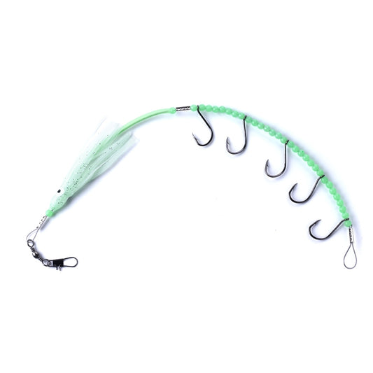 Green beaded fishing wire lure with five black hooks and translucent tail