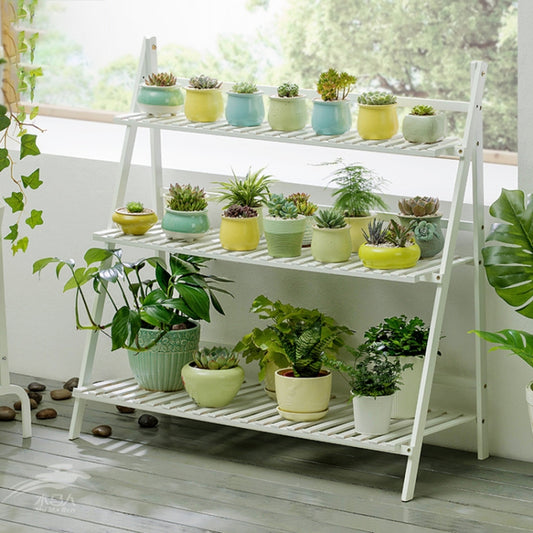 White 3-tier bamboo hanging plant stand with three shelf levels for flower pots