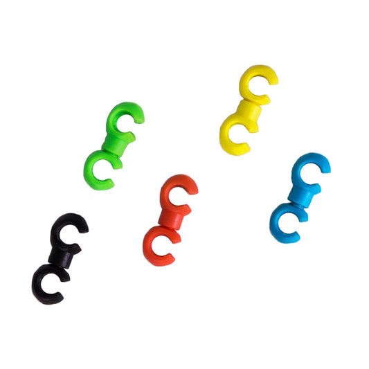 Mixed-color S-style brake cable clips with black, green, red, yellow, and blue pieces