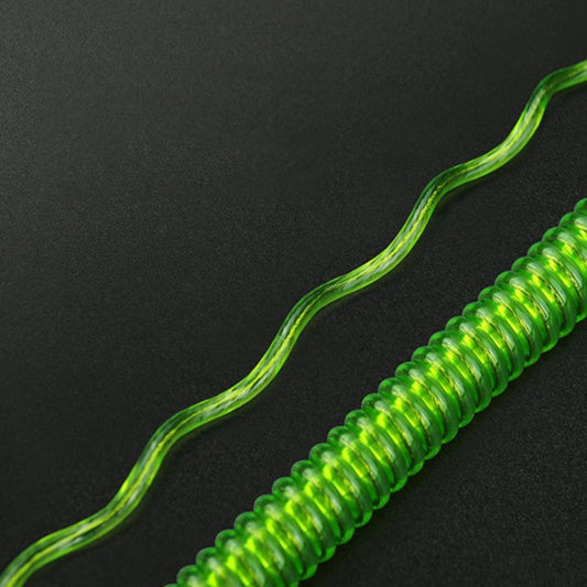 Green anti-lost keychain spring lanyard, close-up of the coiled TPU cord.