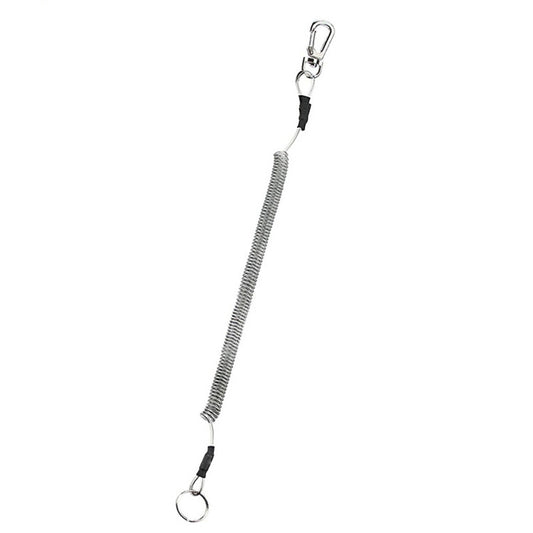 Grey anti-lost keychain spring lanyard with metal clip and round keyring.