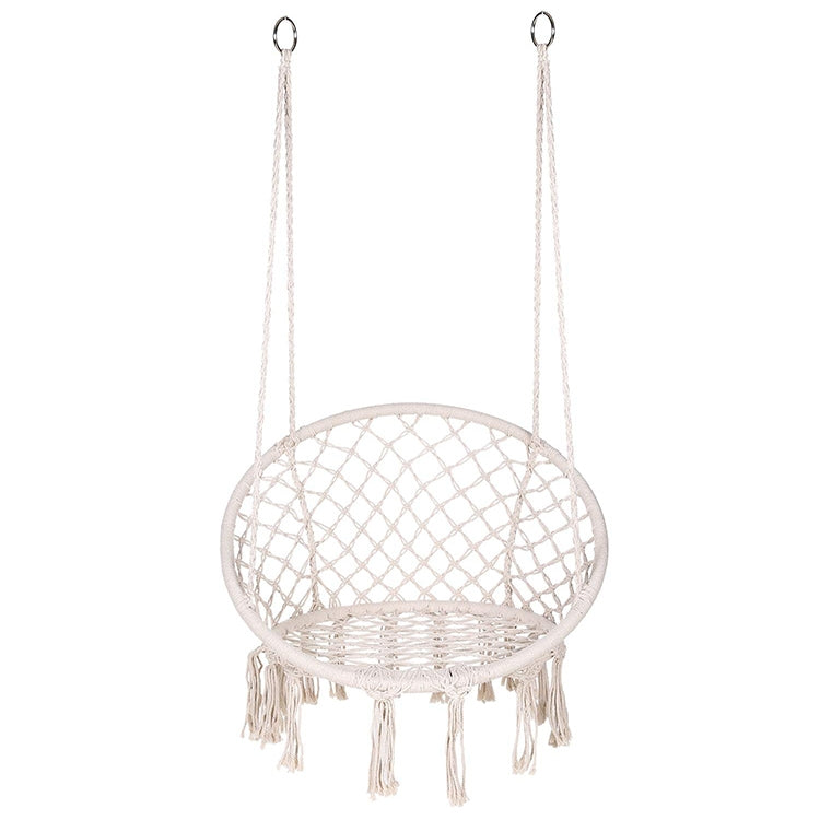 White rope woven hanging swing chair with round net seat and hanging tassel fringe