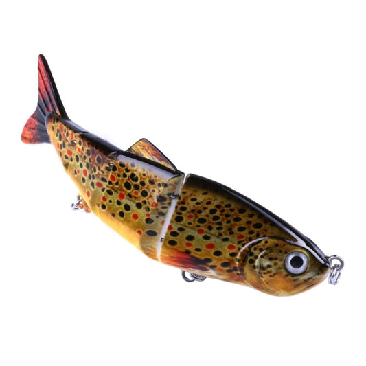Multi-section hard plastic fishing lure with treble hook, tiger-spotted orange-yellow body