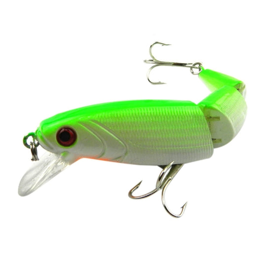 Green and gray hard plastic fishing lure with treble hooks and clear tail fins