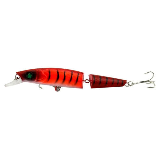 Plastic hard fishing lure, red with black stripes, two treble hooks.