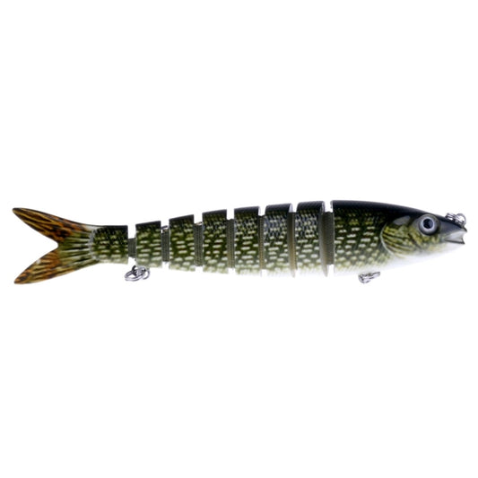 Multi-section hard plastic fishing lure, dark green patterned body with treble hooks