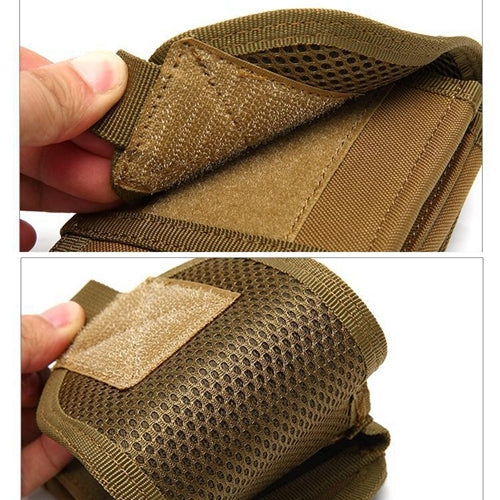 Tan pocket wallet close-up of mesh lining and fold-over flap with textured patch