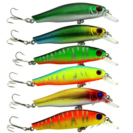Set of 6 plastic minnow hard fishing lures, green and orange stripes with treble hooks