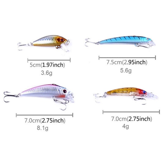 Four minnow hard lures with size labels: gold, blue, silver, and orange colors