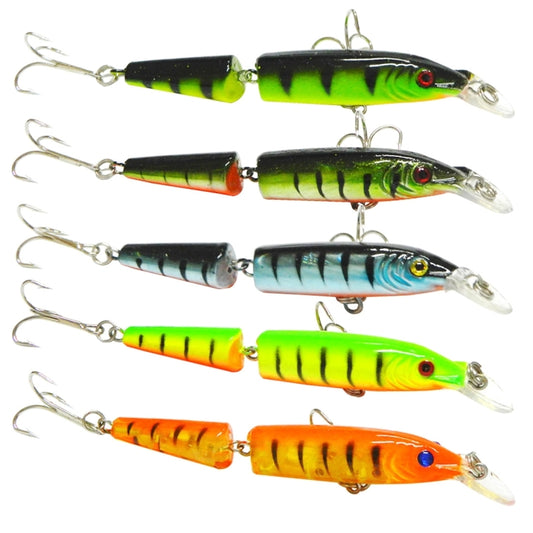 Fishing lure set of five 2-section plastic hard baits in green and black with red eyes