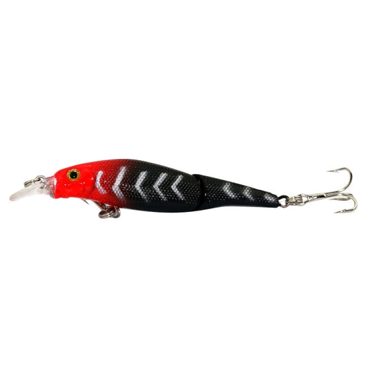 Two-piece plastic hard fishing lure with treble hooks, red head and black back