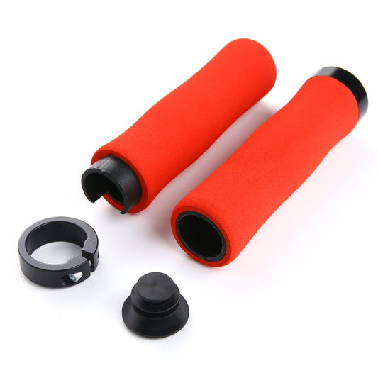 Red bicycle handlebar grips with metal lock ring and end plugs