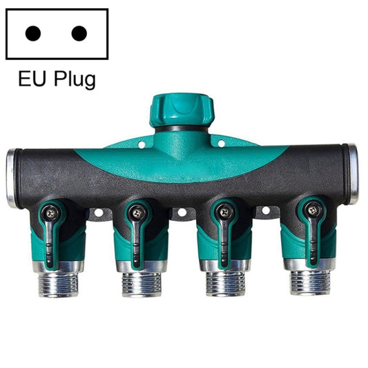 4-way garden water splitter valve with EU plug power connector, teal and black