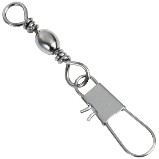 Close-up of a metal fishing barrel swivel with safety snap ring and split eye