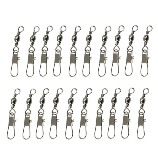 Set of 20 metal fishing barrel swivels with safety snap rings and snap hooks