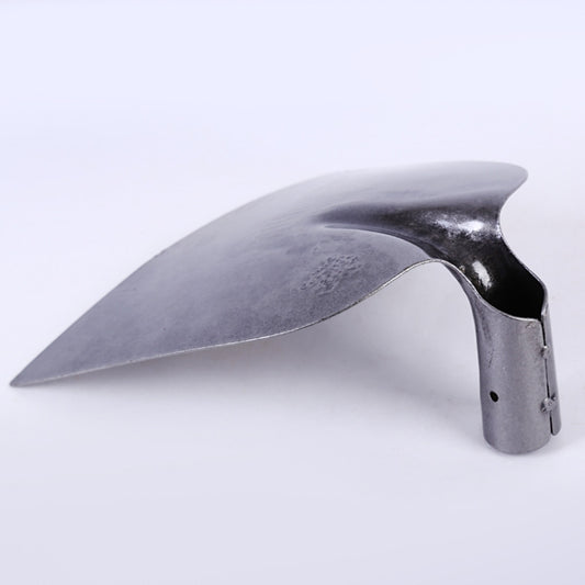 Curved dark gray hoe blade with pointed edge and short metal handle collar
