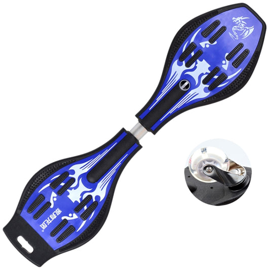 Blue two-wheel skateboard with Vulcan pattern deck and luminous flash wheels detail.