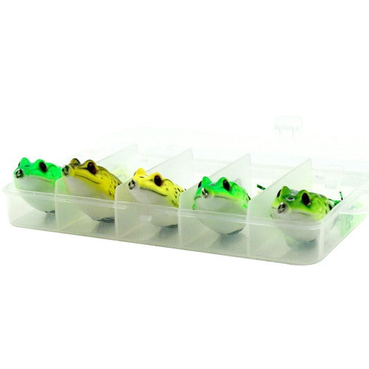 HENGJIA soft frog lures in clear segmented case, green/yellow/gray baits with skirt tails