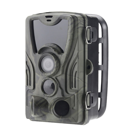 Rugged trail security camera angled front view with lens and IR sensor windows