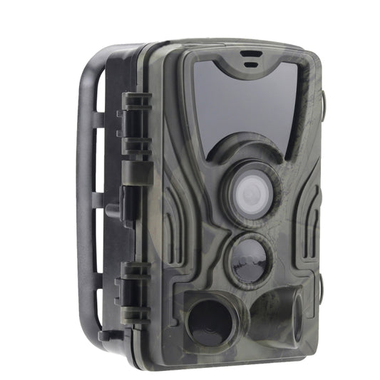 Rugged trail security camera with front lens, IR sensor window, and side mounting bracket
