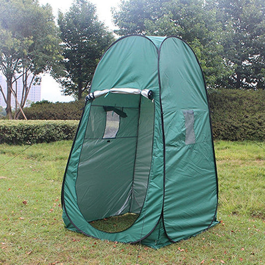 Green pop-up changing and bathing tent with window, double-door opening, and mesh panel