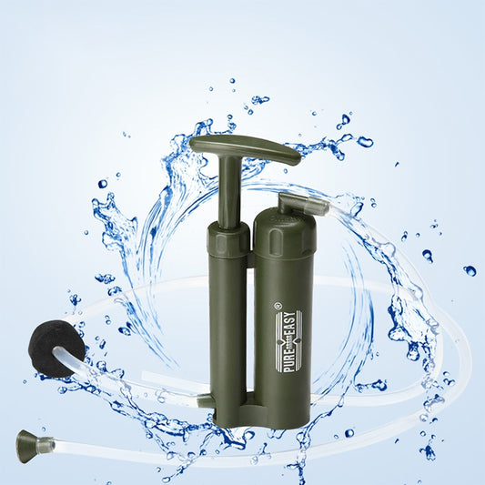 Olive portable water filter pump with hand lever and attached hose for camping use