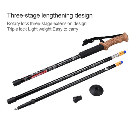 Pair of black trekking poles with cork handles and locking adjustment sections