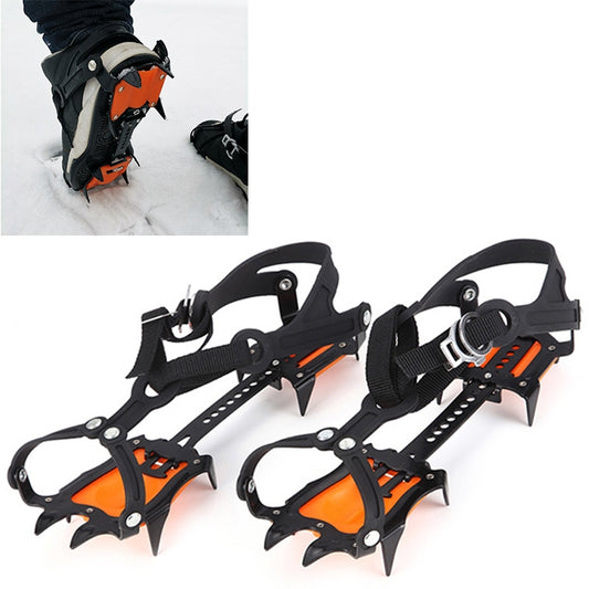 Orange ice gripper snow shoe covers with black straps and 10 metal teeth
