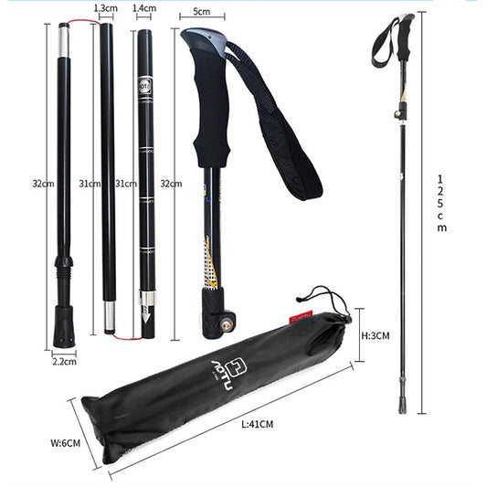 Collapsible trekking poles with EVA handgrips, wrist straps, and black storage sleeve