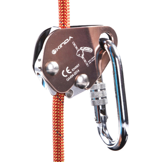 Metal rope gripper with carabiner-style connector, bronze and silver, for 8–13mm rope