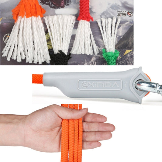 Orange braided cord held with a gray connector and two metal carabiners
