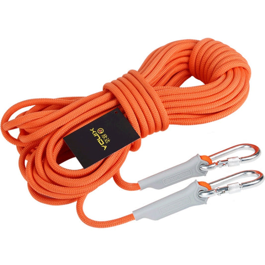 Orange braided auxiliary cord bundle with black tag and two metal carabiners