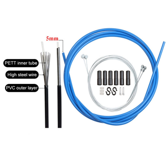 Blue bicycle brake cable tube set with coiled housing, inner wire, ferrules, and caps