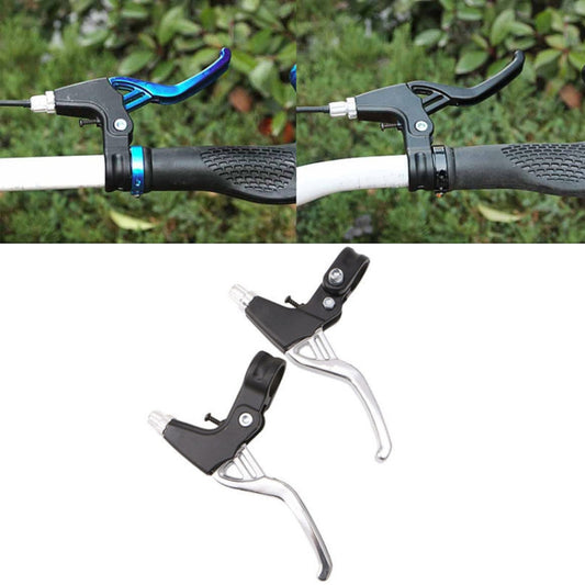 Bike brake lever set with blue anodized levers and black brake pads