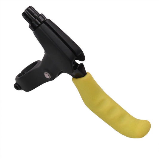 Yellow bicycle brake silicone protection cover sleeve shown on a brake lever