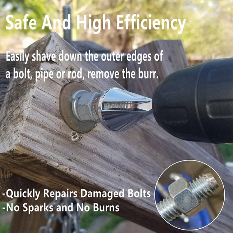 External chamfer tool bit removing burrs from a bolt edge on wood