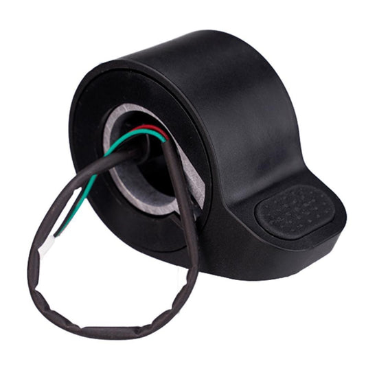 Black accelerator throttle grip with wiring opening and textured thumb pad
