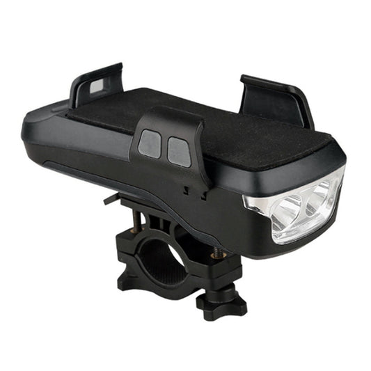 Black bike phone holder with front LED headlight and molded phone cradle